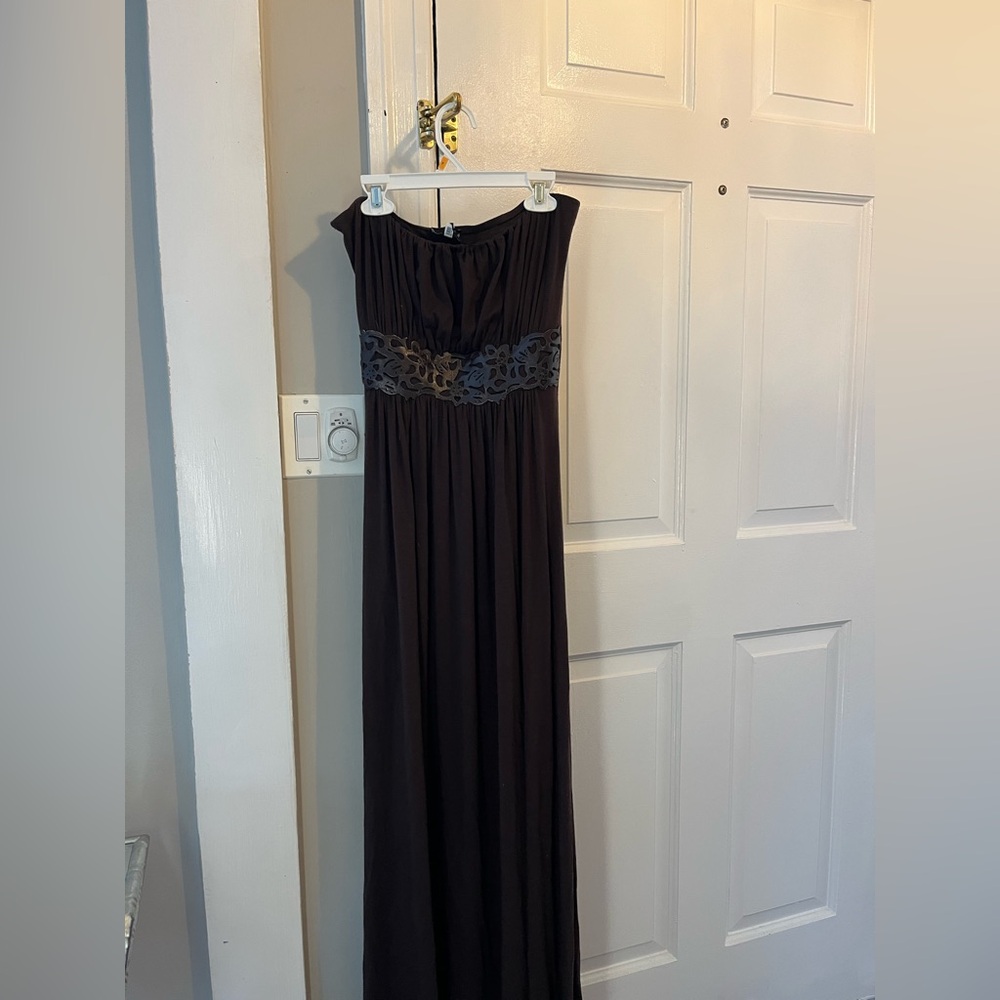 STUNNING Sky Brown Maxi Dress with Lace Leather Detail